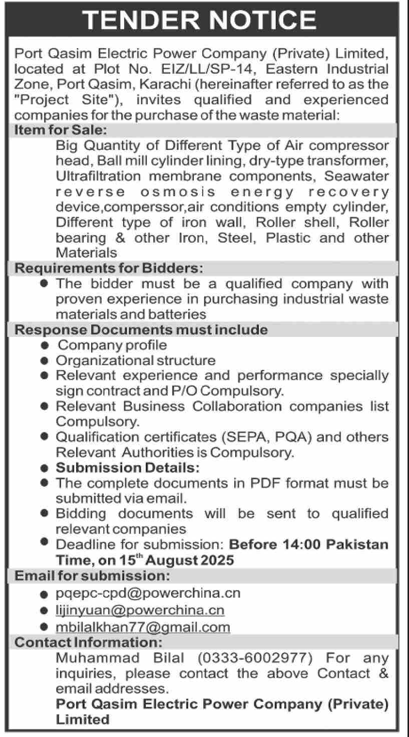 Port Qasim Electric Power Company Limited Karachi Tender Notice